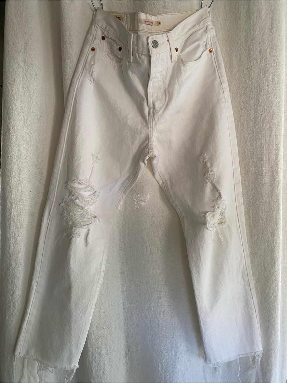 Levi's Premium Wedgie Straight Distressed White Button Fly Raw Hem Jean 28”x26”